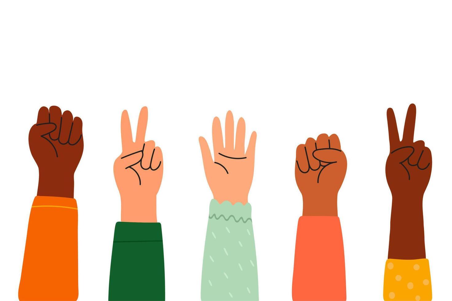 Various human hands raised with different finger gestures and skin tones showing inclusivity vector