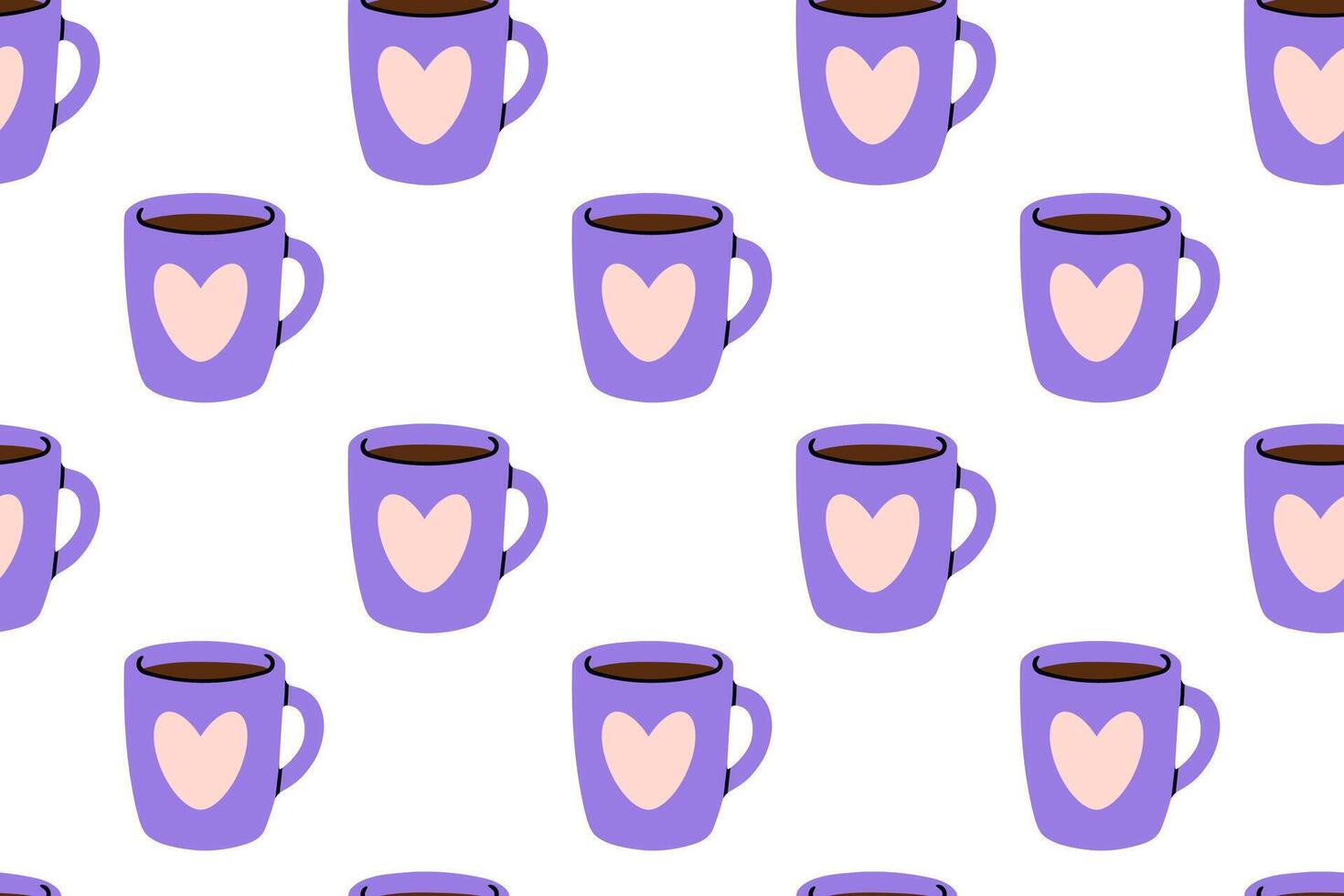 Seamless pattern with purple mugs decorated with heart shapes vector