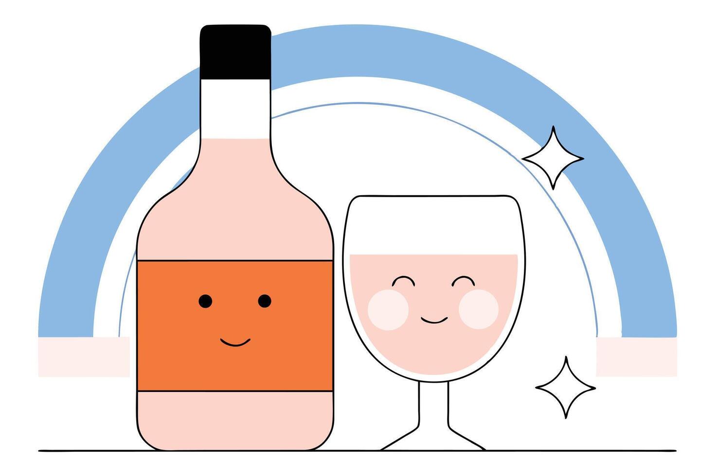 Bottle and Glass of Rose with Cartoon Faces Overlapping Rainbow Backdrop vector