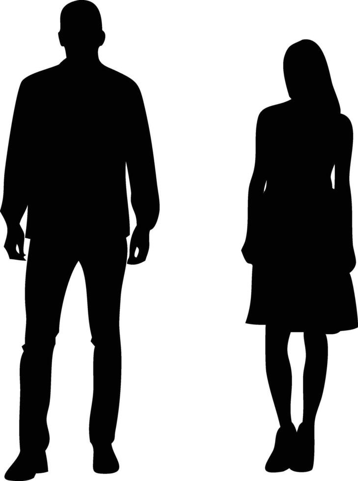 Man and woman silhouette, standing, casual dress, vector