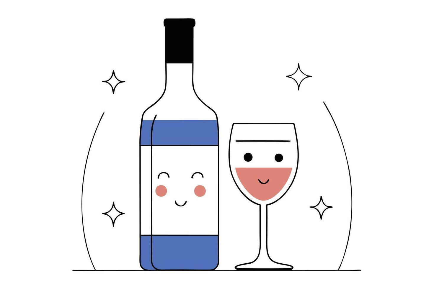 Cartoon Wine Bottle with Face and Glass, Sparkling, vector
