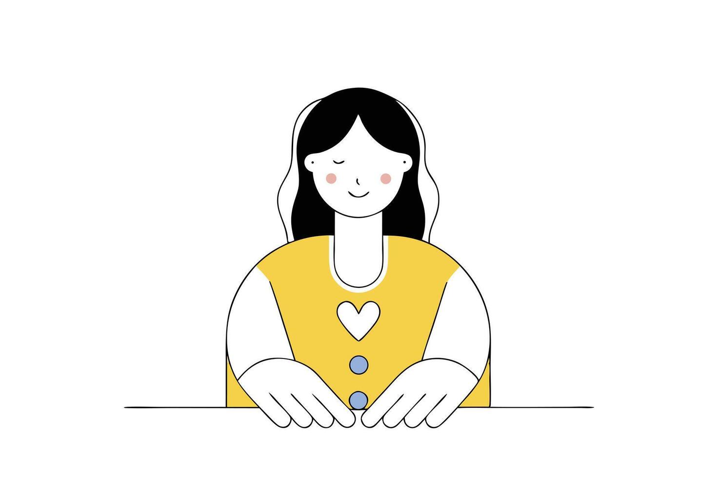 Smiling Woman with Hands on Table, Long Black Hair, Yellow Shirt and Heart Shape vector