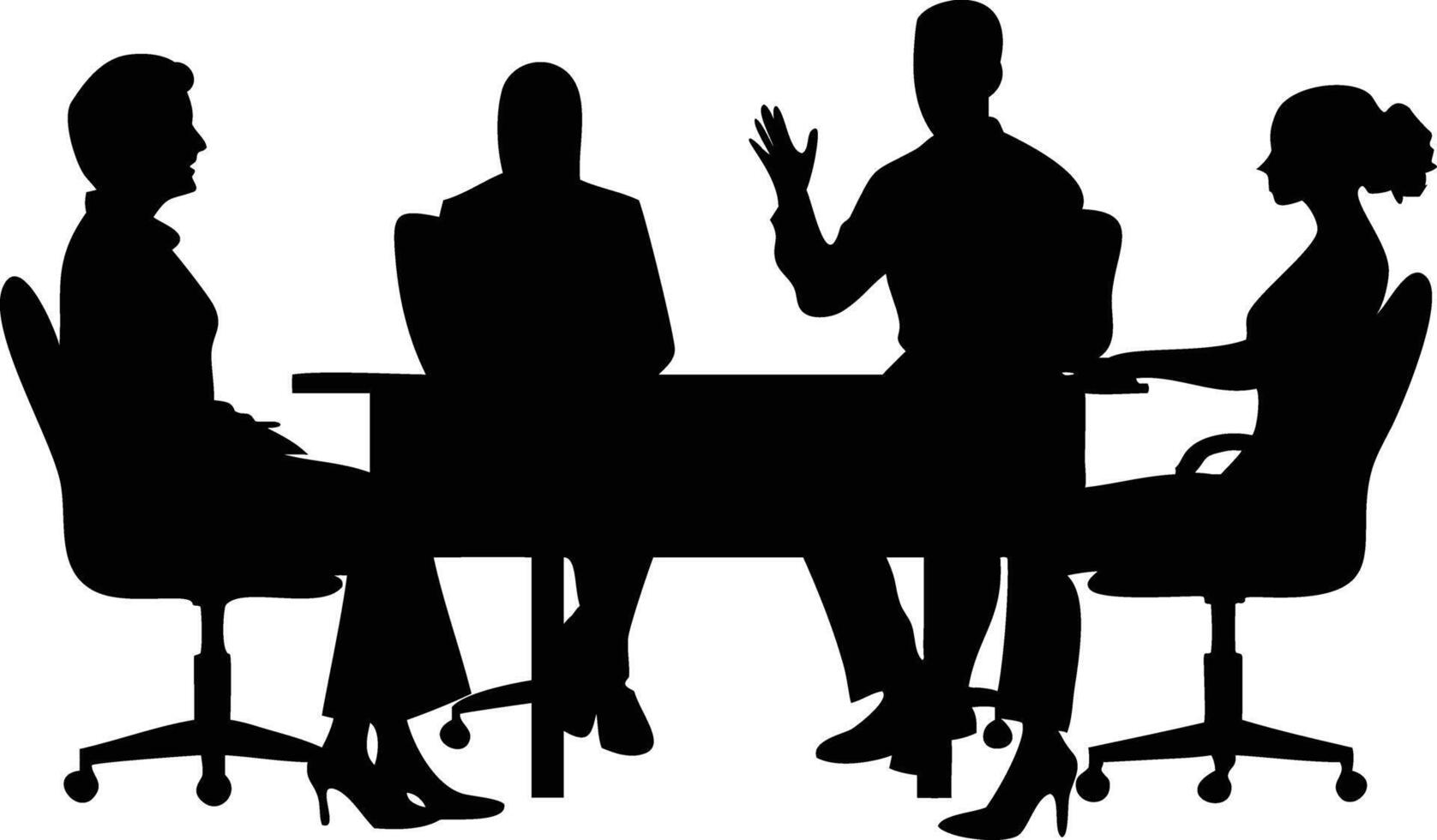 Diverse Business Team Silhouette Meeting At Table, One Man Raising Hand vector