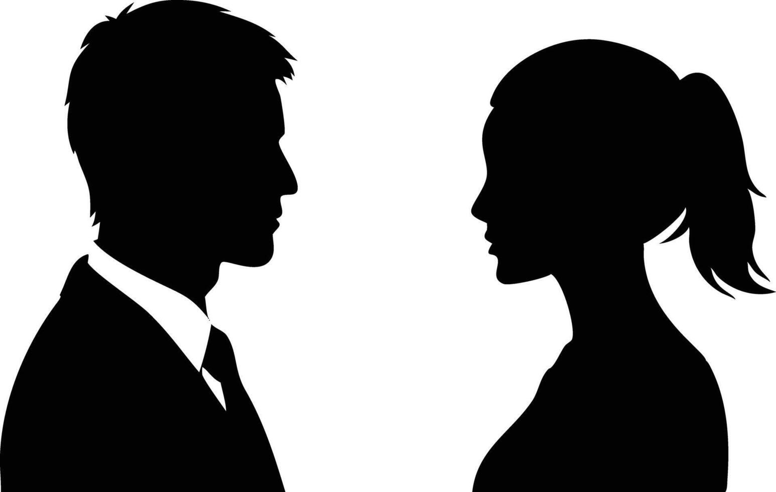 Two Profile Silhouettes African Man in Suit, Woman with Ponytail facing each other vector