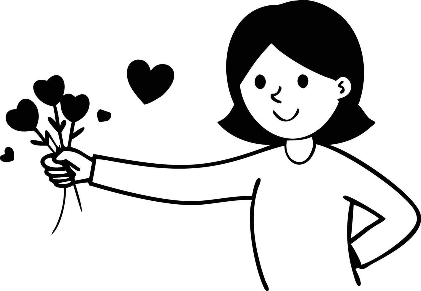 Line art of smiling woman offering bouquet of heart flowers vector
