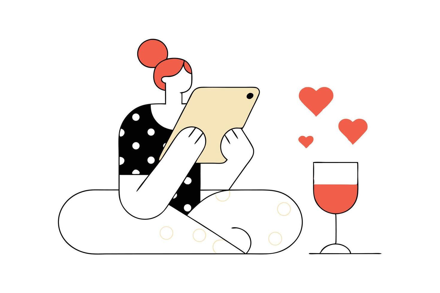 Woman Using Tablet, Crosslegged, with Hearts, Wine, Red Hair vector