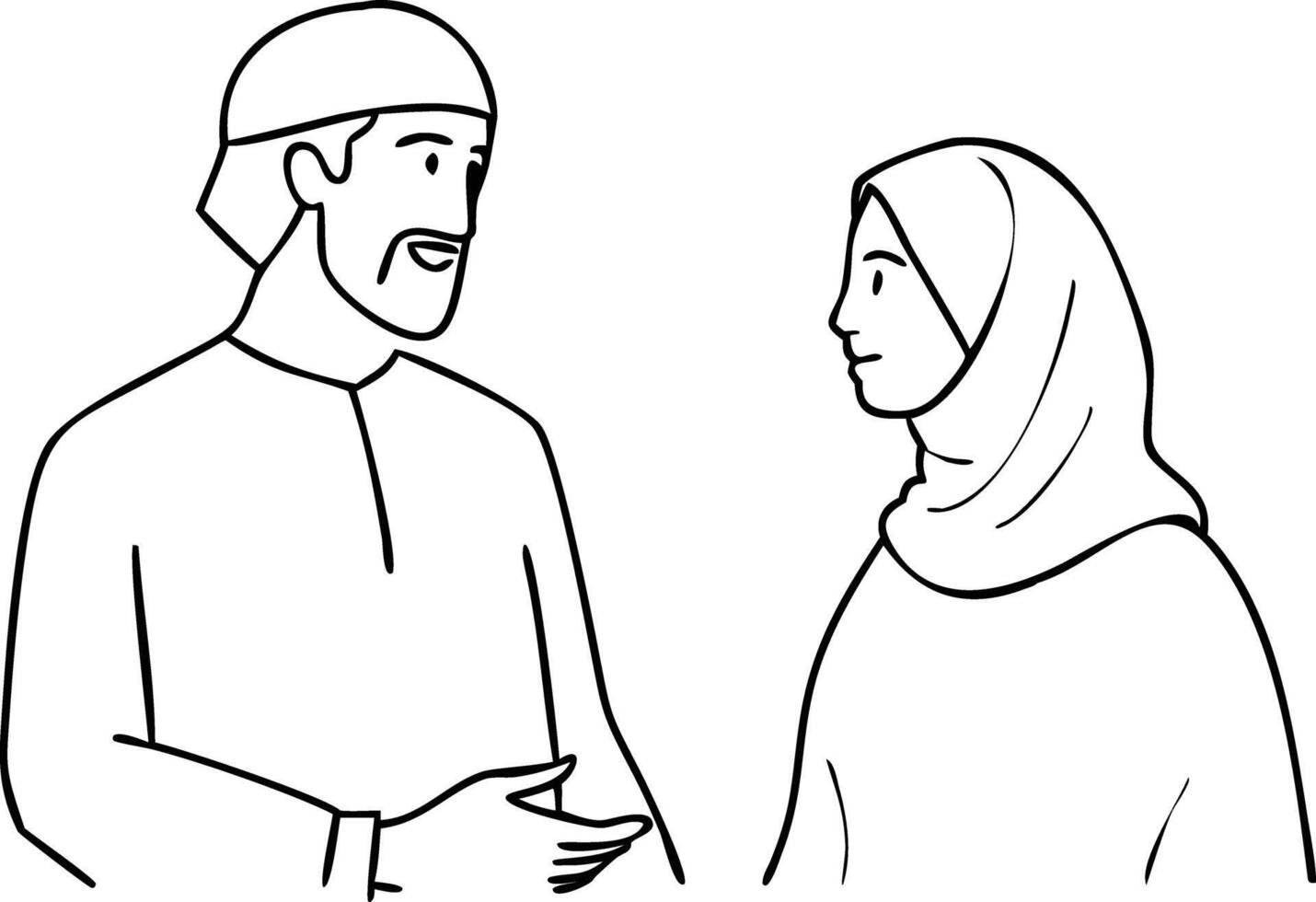 Line art of Arab man and woman with hijab having conversation vector