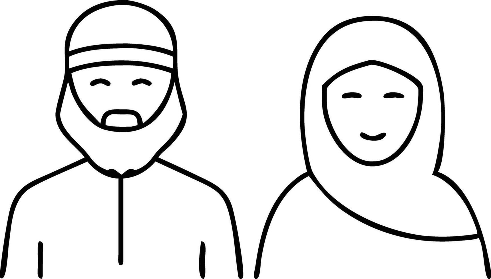 Line art of Middle Eastern man with kufi and woman in hijab vector