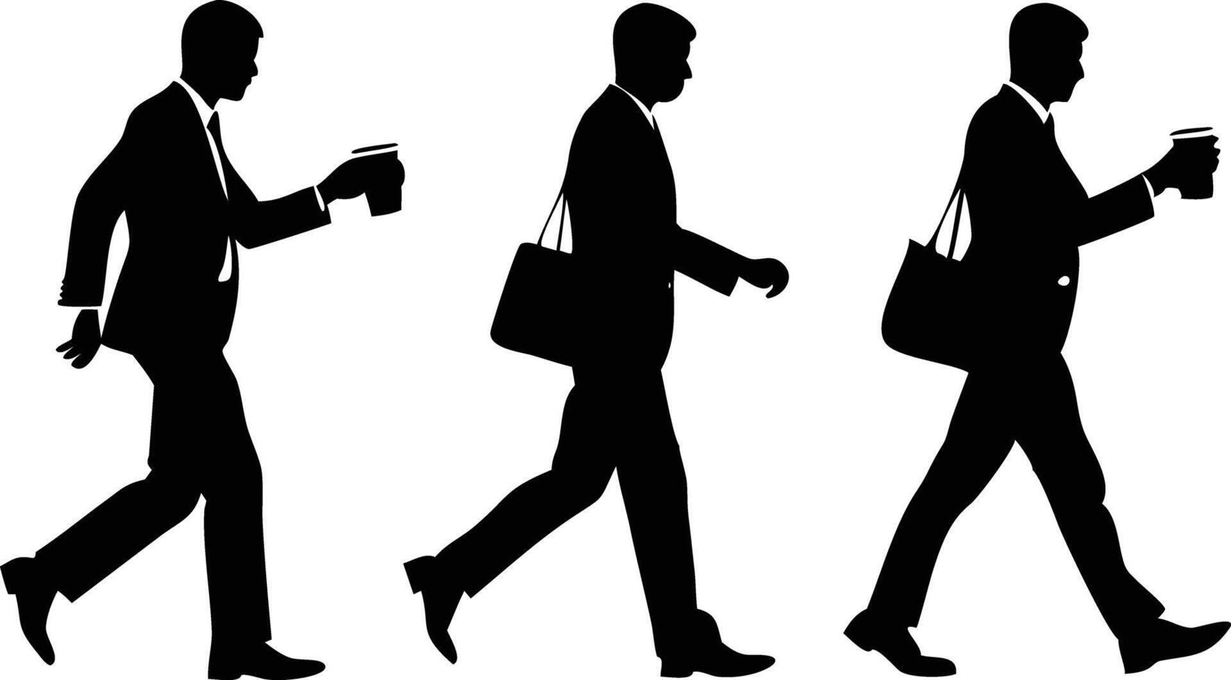 Silhouette businessmen walking with briefcase and coffee cup vector