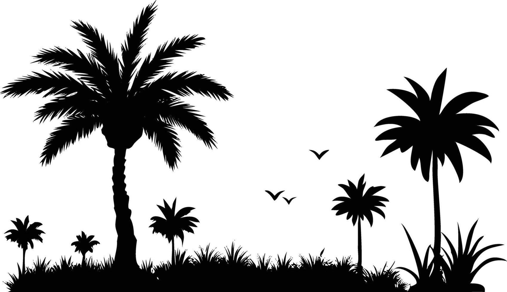 Tropical Landscape Black Palm Trees, Grass, and Birds Silhouette vector