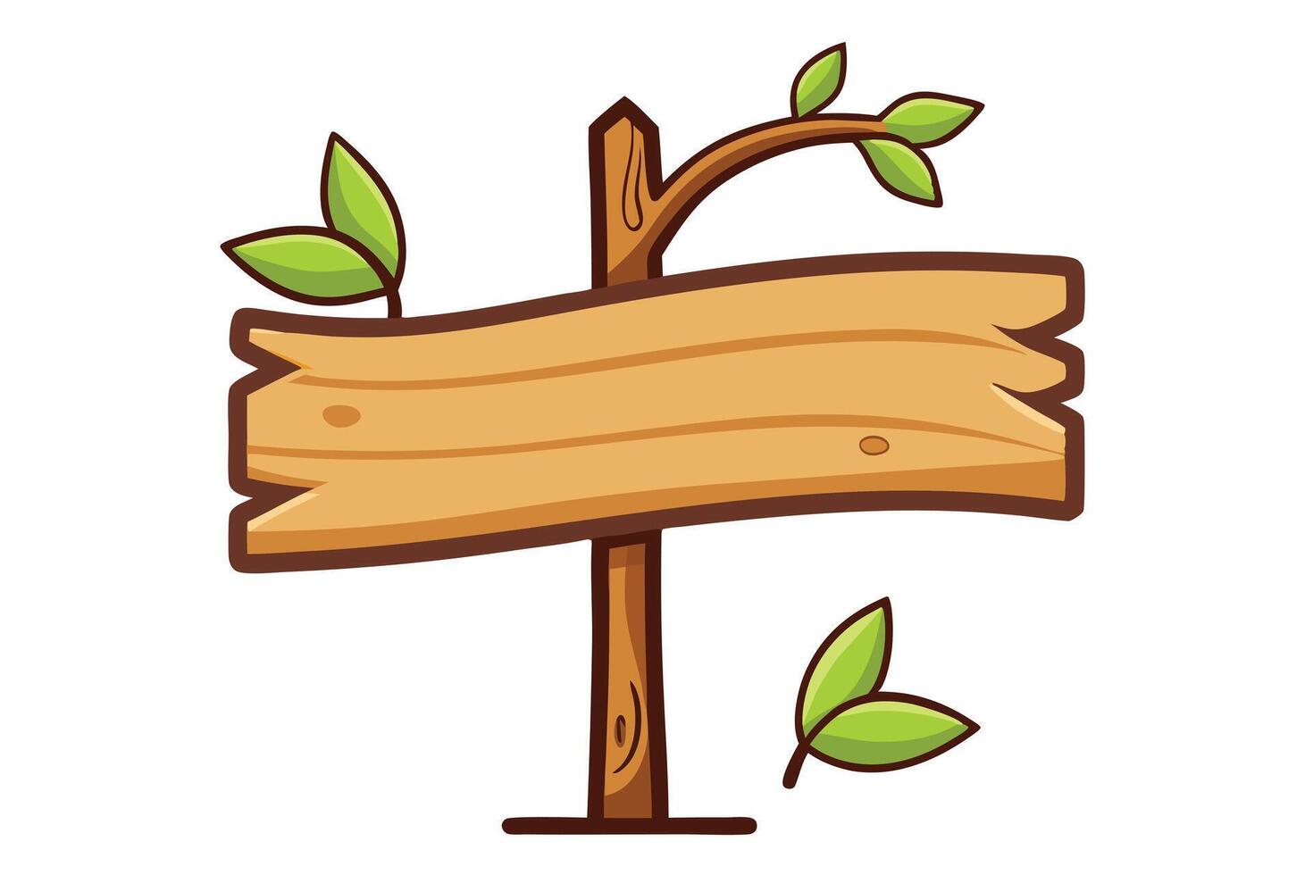 Wood Signpost Cartoon Style Blank, Wooden Texture, Branch with Green Leaves vector