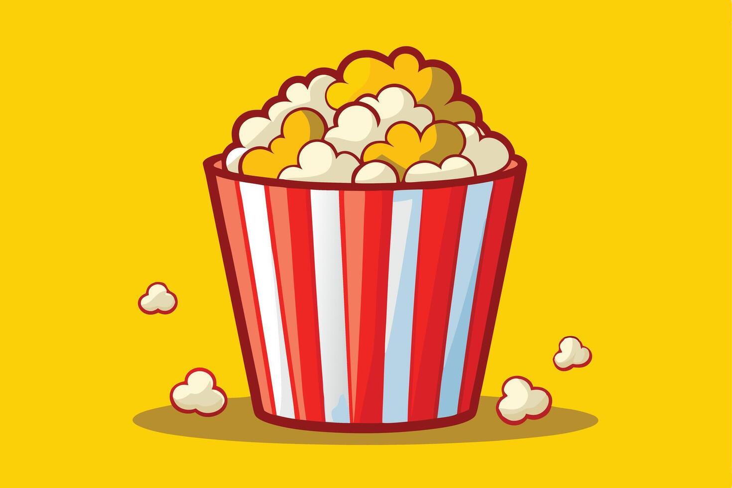 Full Cartoon Popcorn Bucket with Red and White Stripes on Yellow Background vector