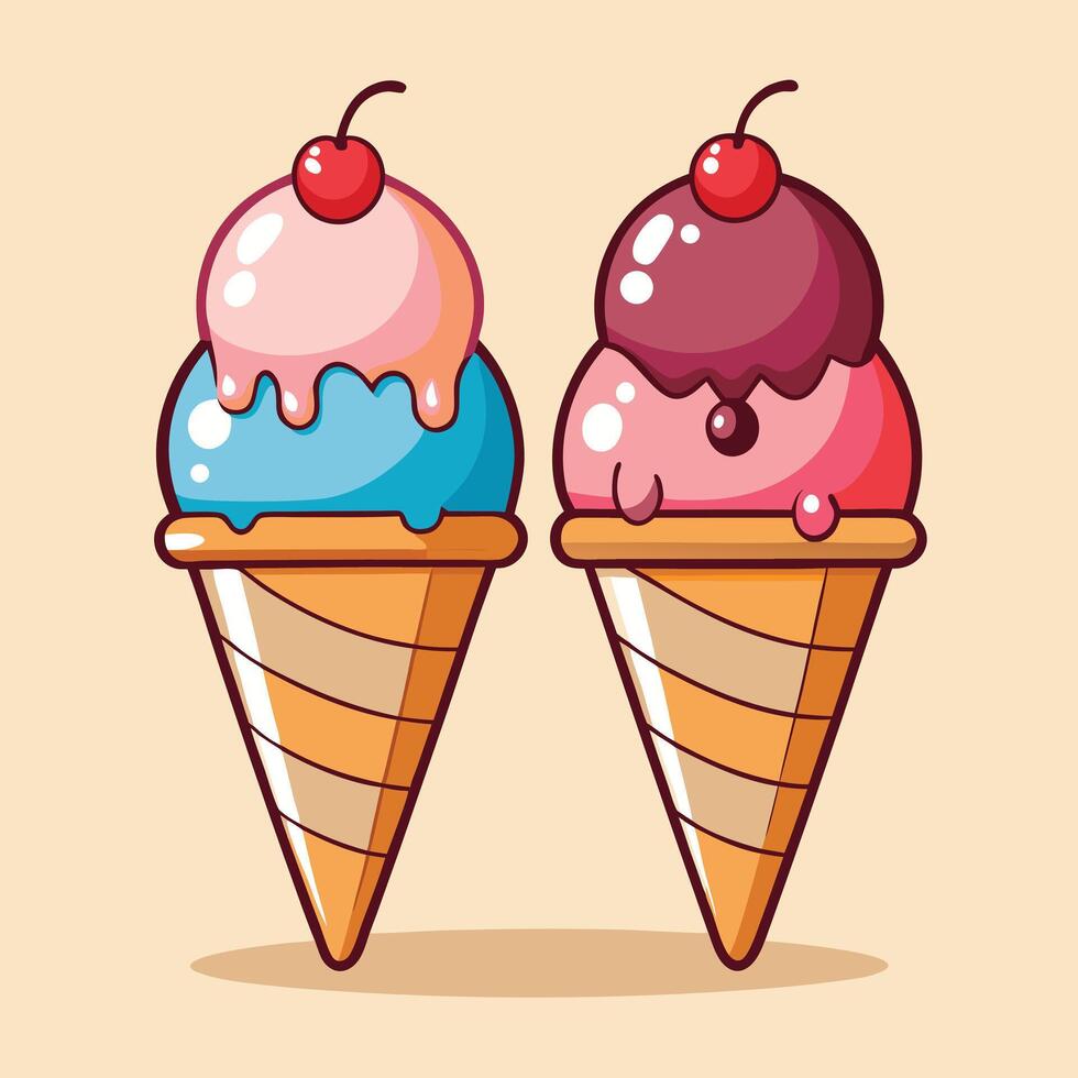 Two Cartoon Ice Cream Cones with Cherry Toppings vector