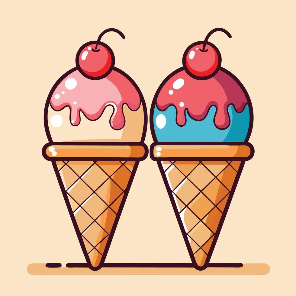 Two Ice Cream Cones with Cherries, Cartoon Style, Retro Colors and Simple Design vector