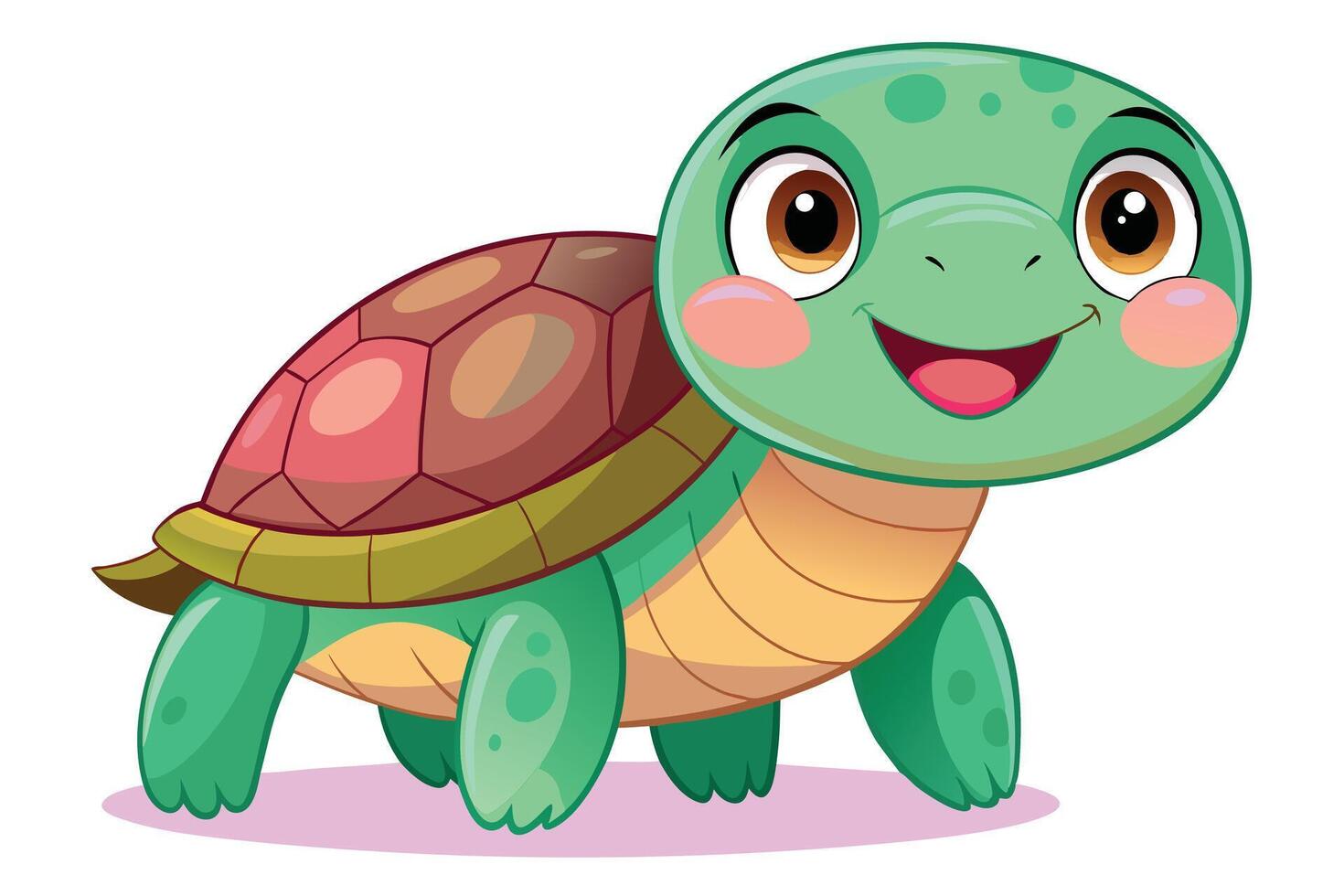 Cartoon Turtle Smiling Standing On White Background, Brown Shell And Green Body vector