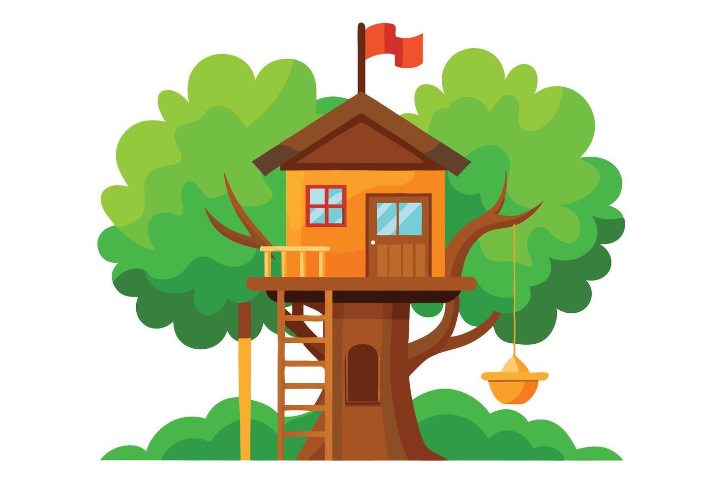 Cartoon Treehouse Ladder, Red Flag, Swing With Tree and Green Foliage vector