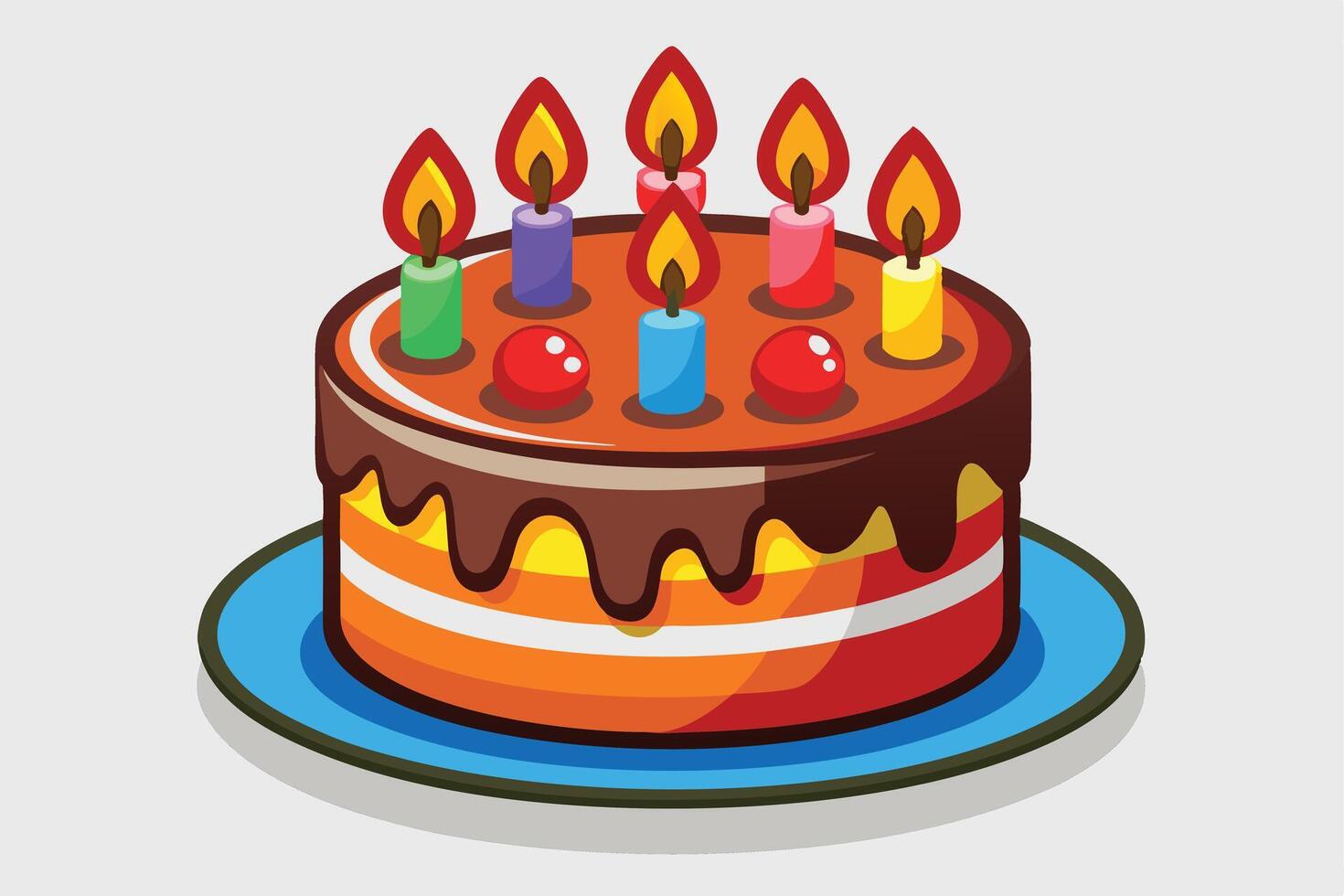 Layered Cake with Chocolate Drip, Colorful Candles, and Red Balls on a Blue Plate vector