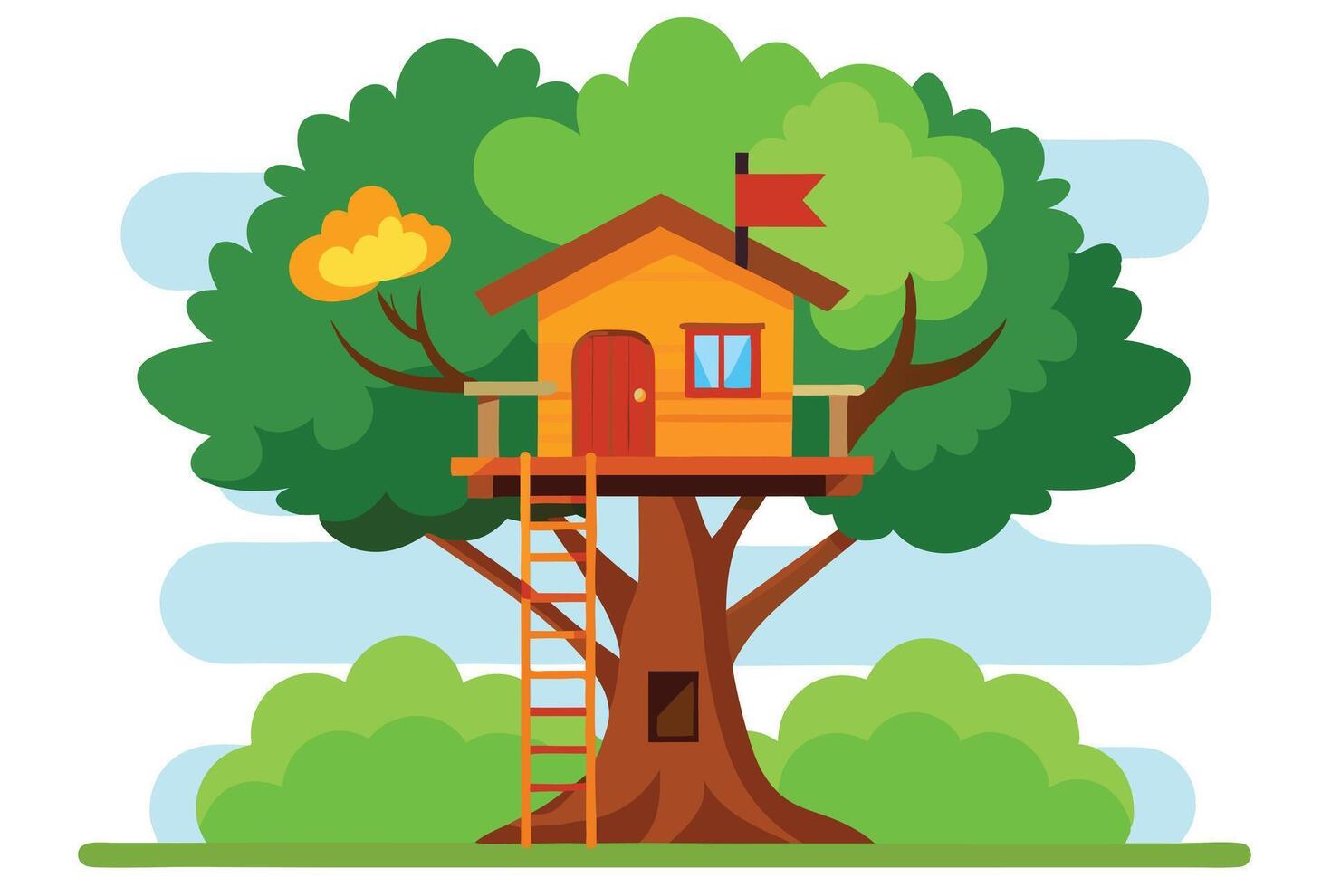 Elevated Treehouse with Flag, Ladder, and Green Foliage on White vector