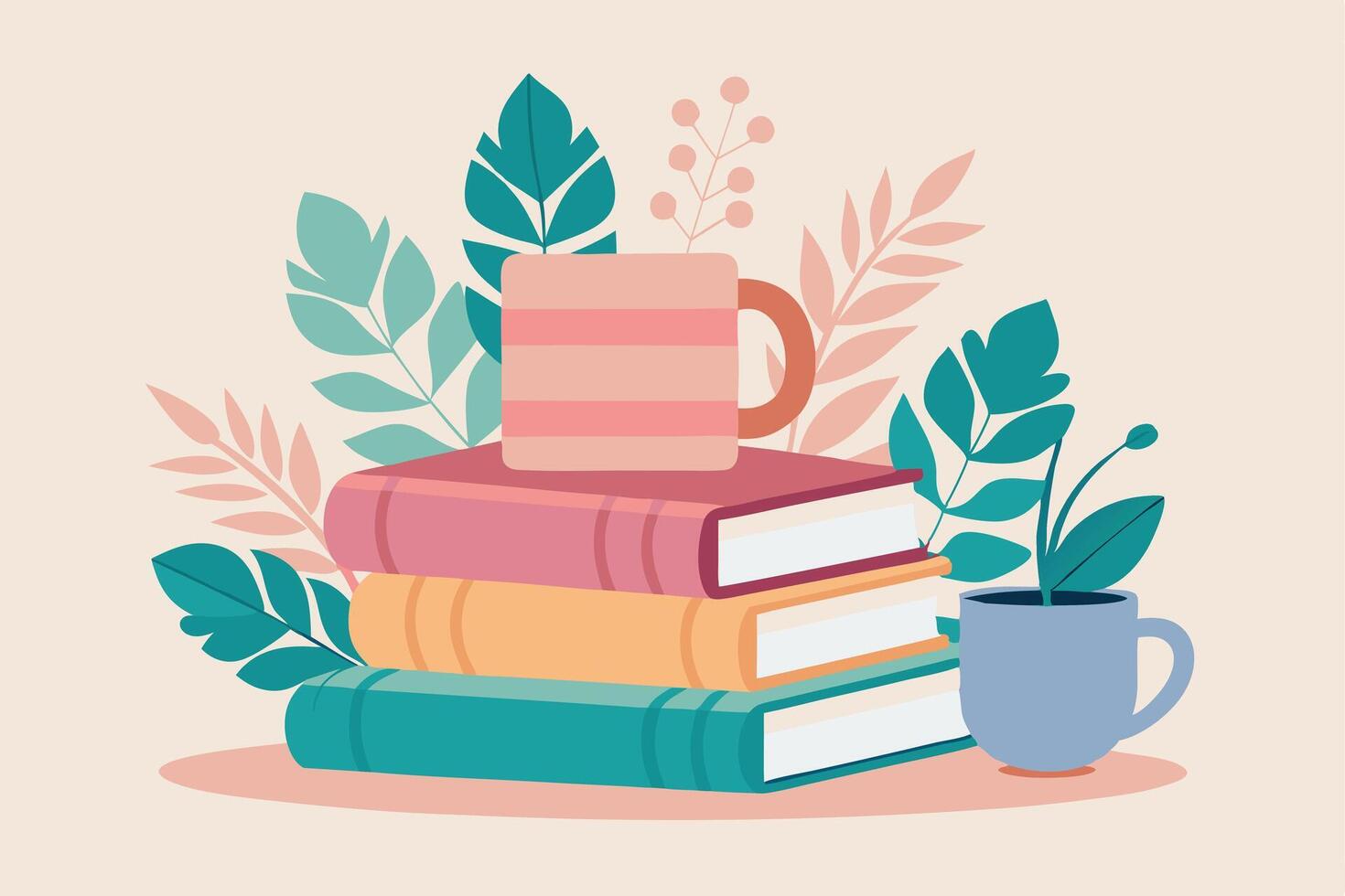 Stacked books with leaves and tea cup decoration on a light background flat design vector