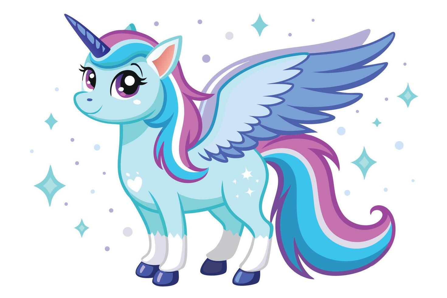Light Blue Unicorn with Wings, Horn, Colorful Mane and Tail on White Background vector