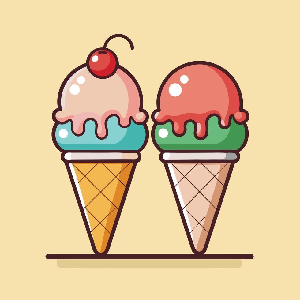 Two Cartoon Ice Cream Cones with Cherry Topping on Light Yellow Background vector