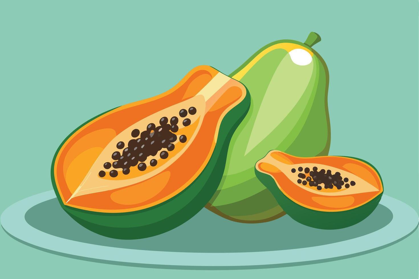 Papayas on Plate Whole, Halved, and Quartered with Seeds on Turquoise Surface vector