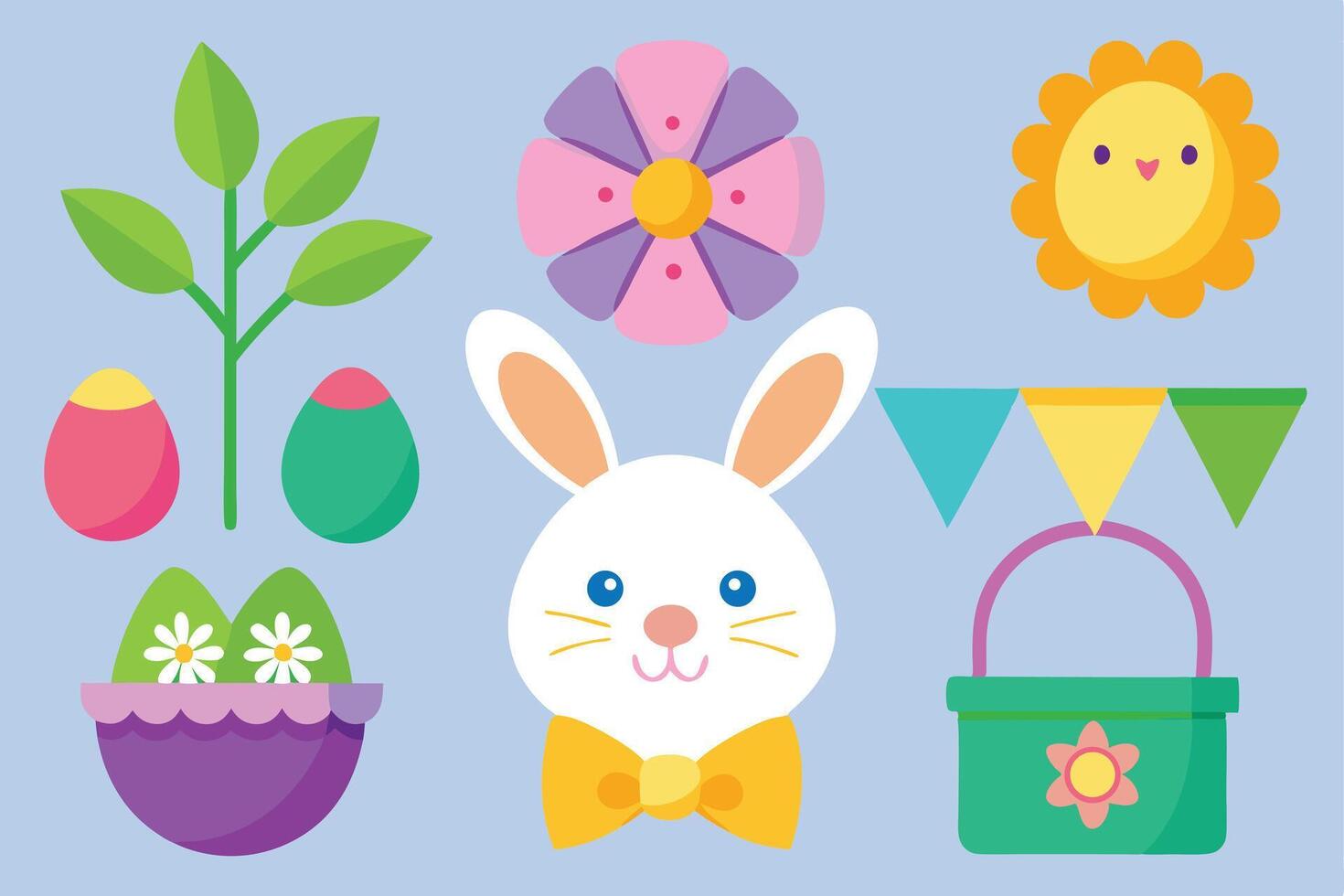 Easter with Bunny, Eggs, Basket, Flowers, Leaves, and Garland vector