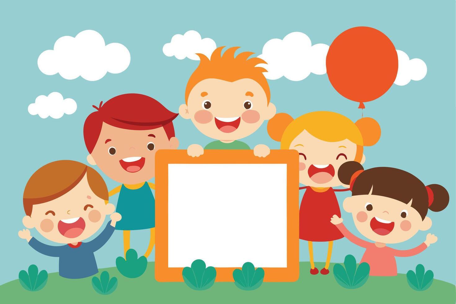 Happy Diverse Children Group Holding on Sky Background Cartoon vector