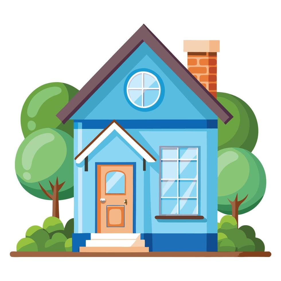 Facade of a Cute Blue House with Door, Window, Chimney, Trees on White Background vector