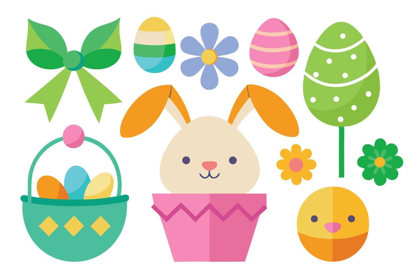 Cartoon Easter Composition with Bunny, Chick, Eggs, Basket, Bow and Flowers vector