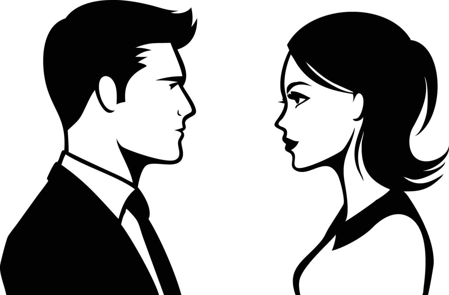 Silhouette Profile Man in Suit and Woman with Hairdo Looking Each Other vector