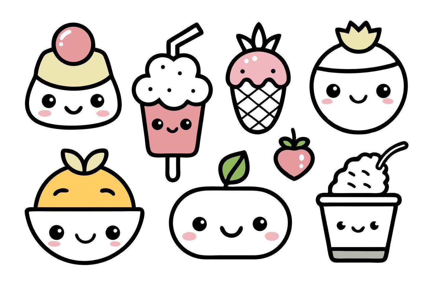 Cute Dessert Food Characters with Cartoon Style and Smiling Faces on White vector