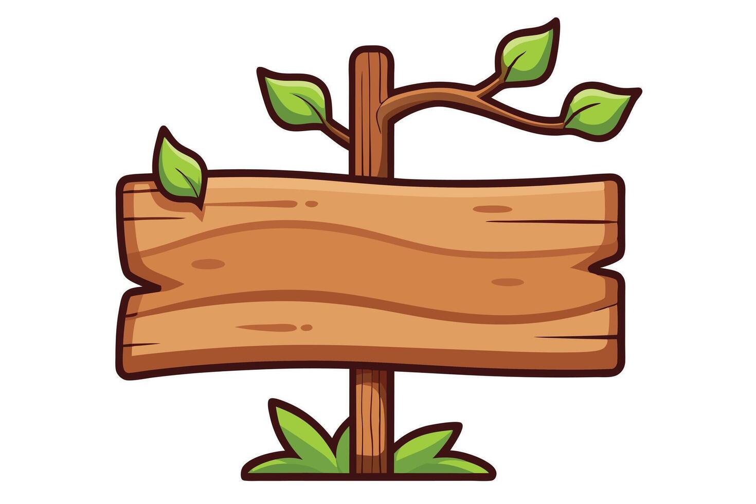 Wooden Cartoon Signboard with Leaves, Illustration, Handdrawn Style on White vector