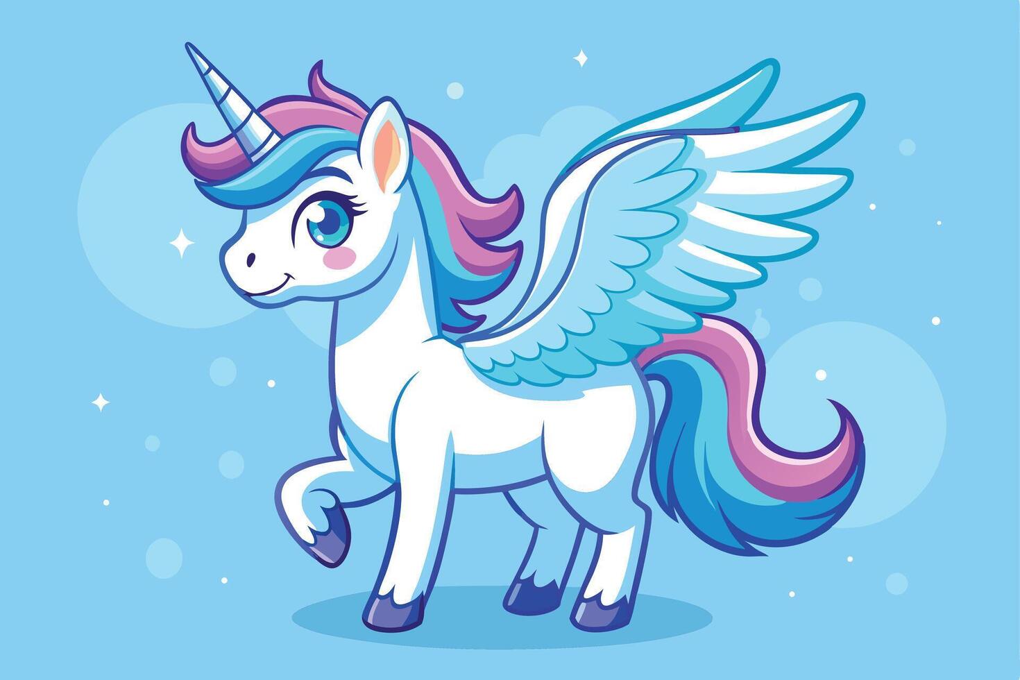 Smiling Winged Unicorn with Blue Mane and Pink Tail Standing on Blue Backdrop vector