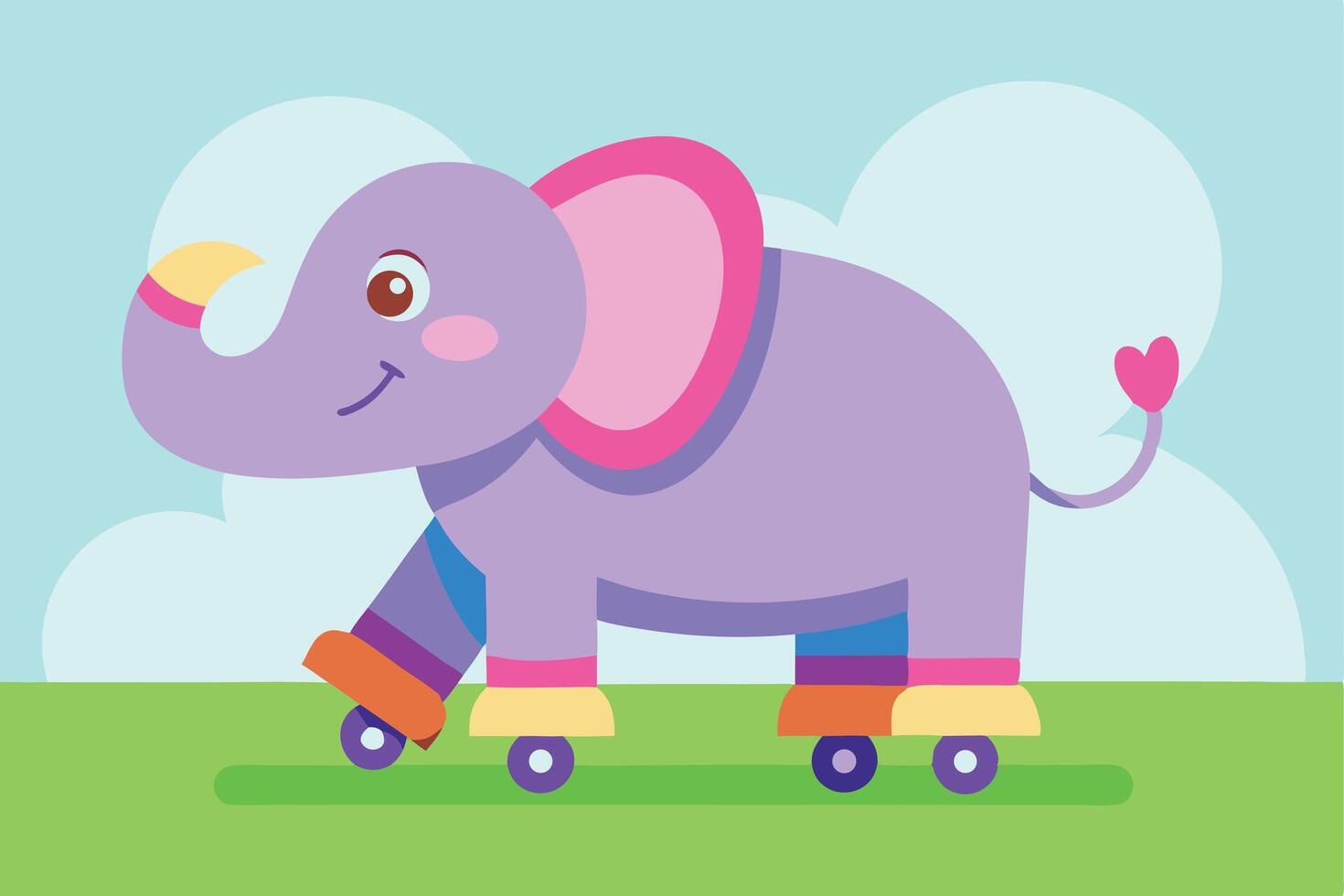 Cartoon Style Lilac Elephant Rolling on Wheels with Heart Tail on Blue Background vector