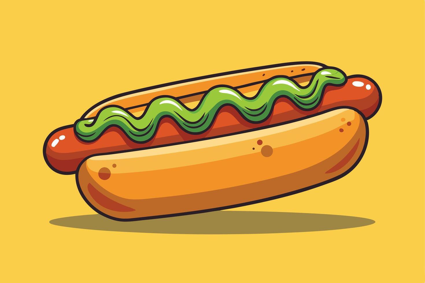 Cartoon Hotdog with Mustard on Bun Against Yellow Background Icon Style vector