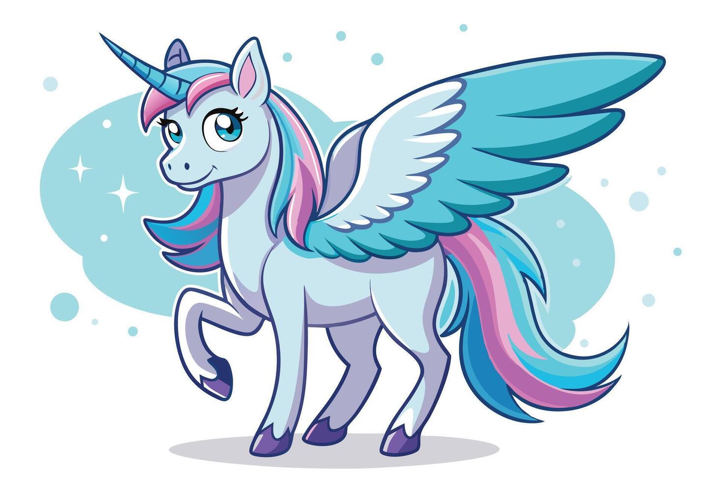 Standing Unicorn With Wings, Horn, Colorful Mane and Tail on White Background vector