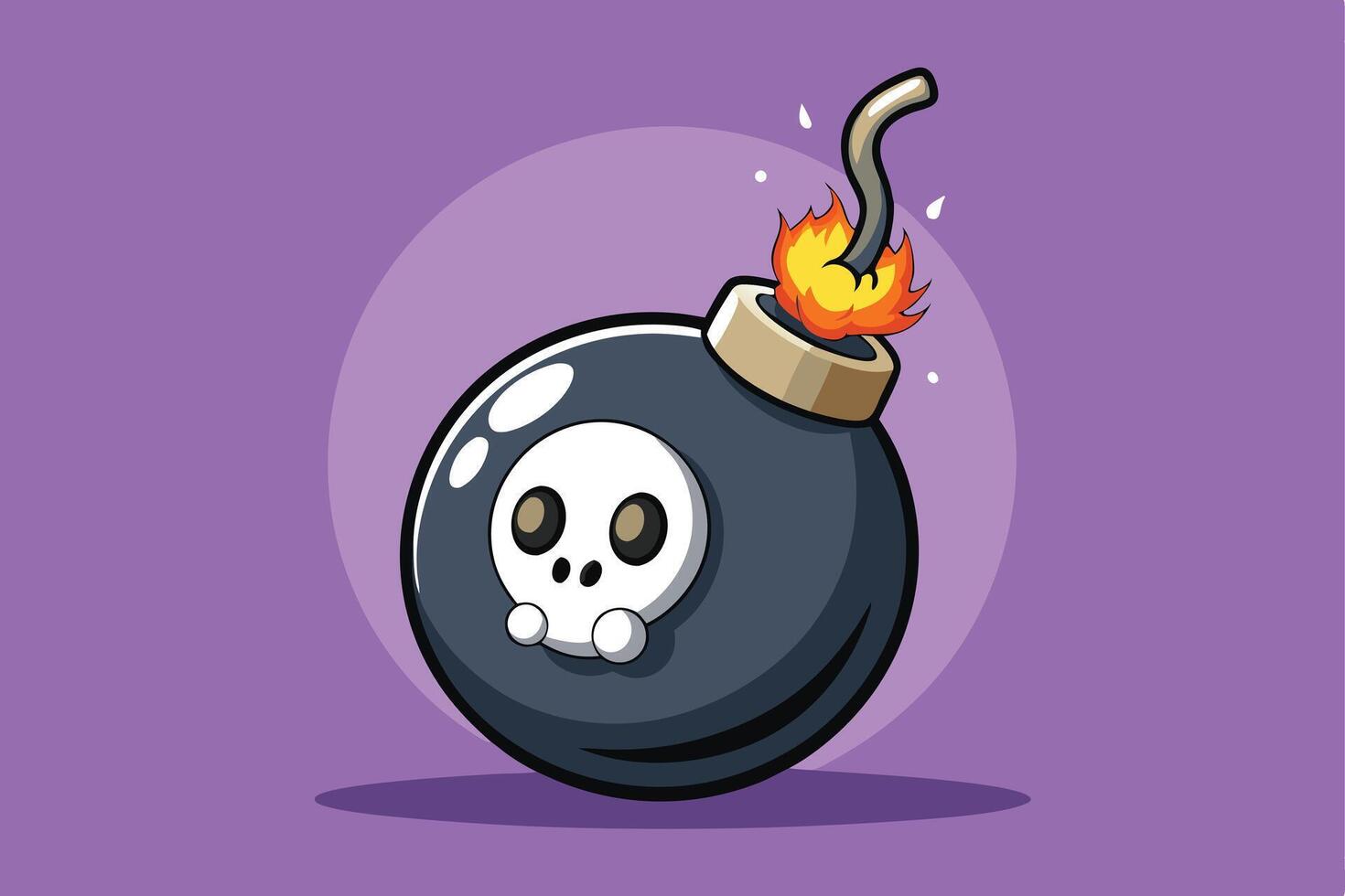 Cartoon round bomb with skull, burning fuse and flame on light purple background vector