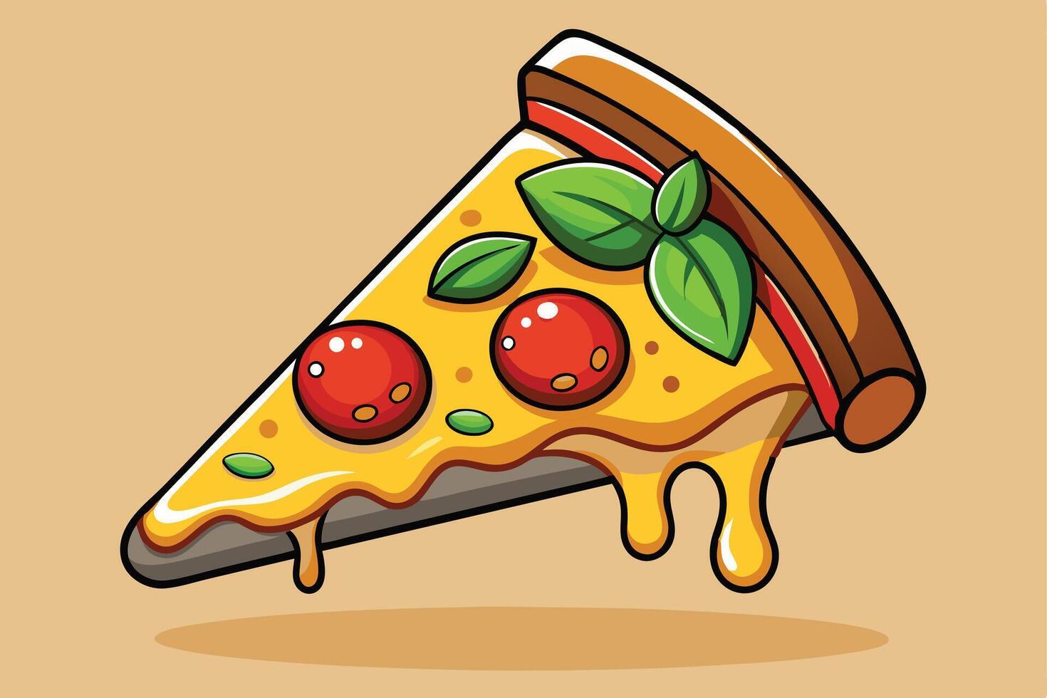Slice of Pizza Cartoon Topping with Cheese, Pepperoni and Basil on Beige Background vector