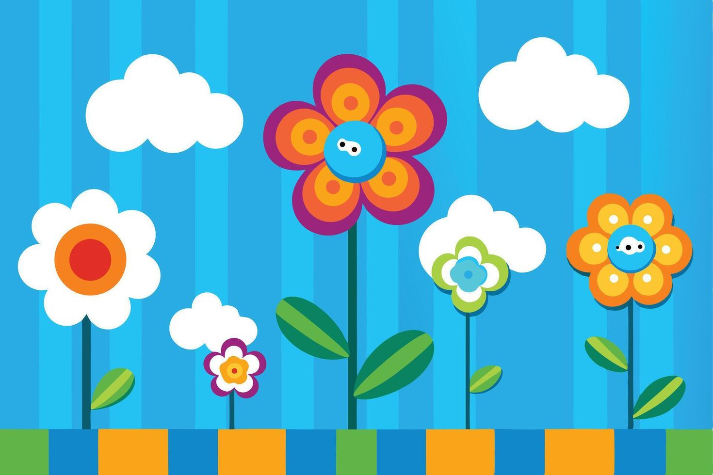 Fun Cartoon Flowers Growing on Green Plot Against Blue Striped Background vector