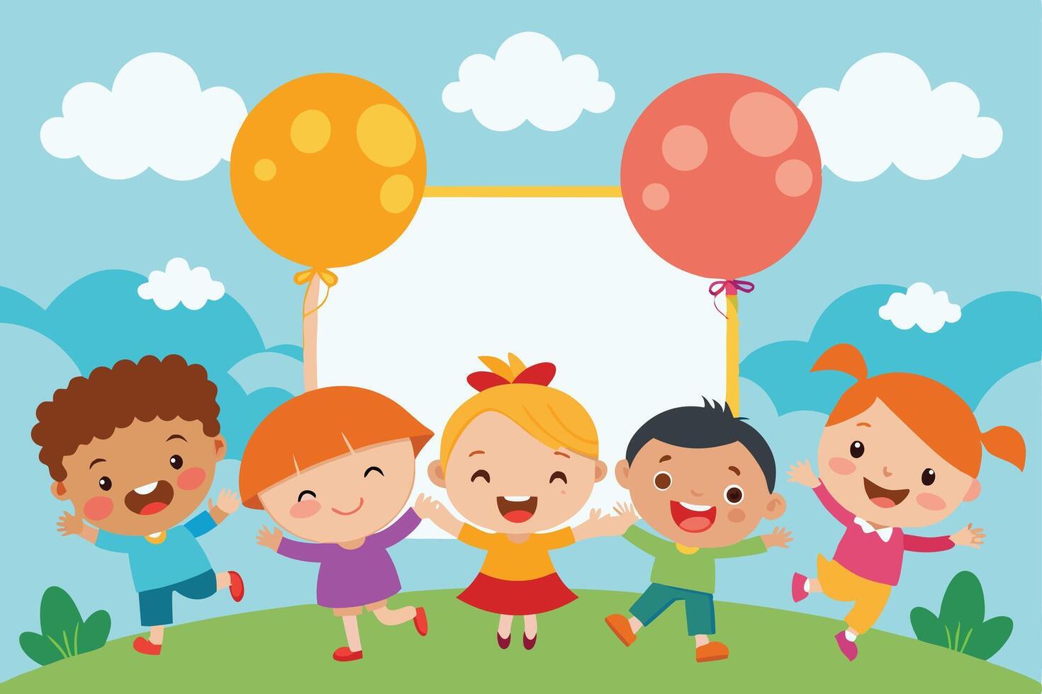 Animated Diverse Children Happily Playing Outdoors with Balloons and a White Sign vector