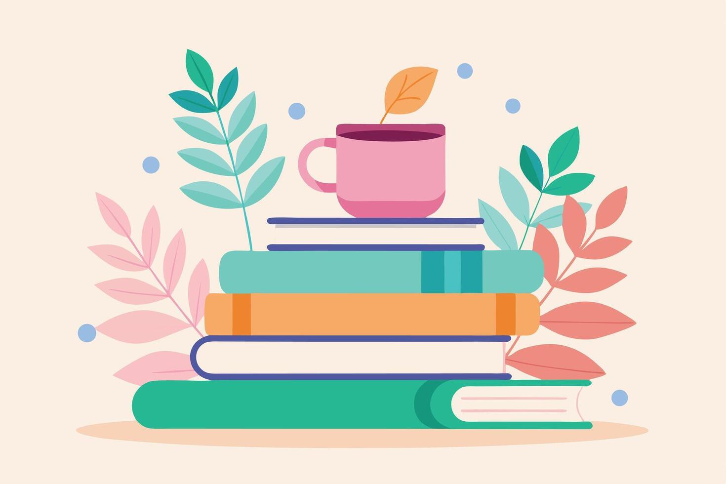 Stacked Books with Pink Coffee Mug and Floral Elements on a Beige Background vector