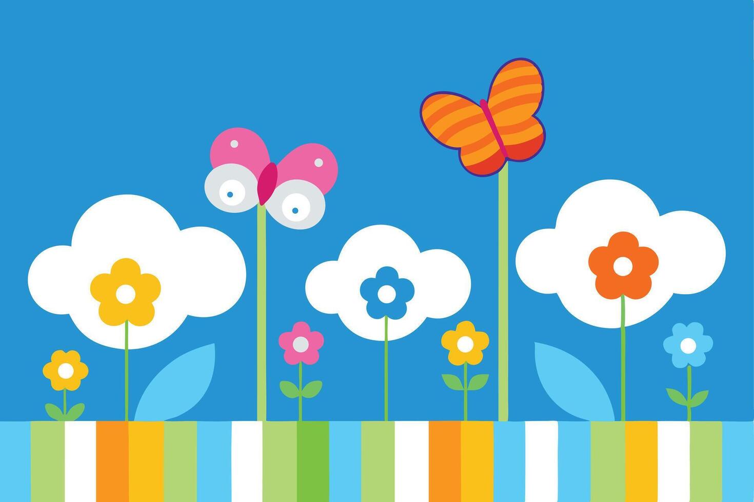 Decorative Flat Floral Design with Butterflies on Blue Background. Style vector