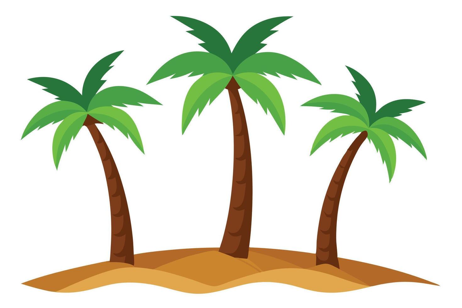 Three Tropical Palm Trees on Sand with Green Leaves Cartoon on White vector