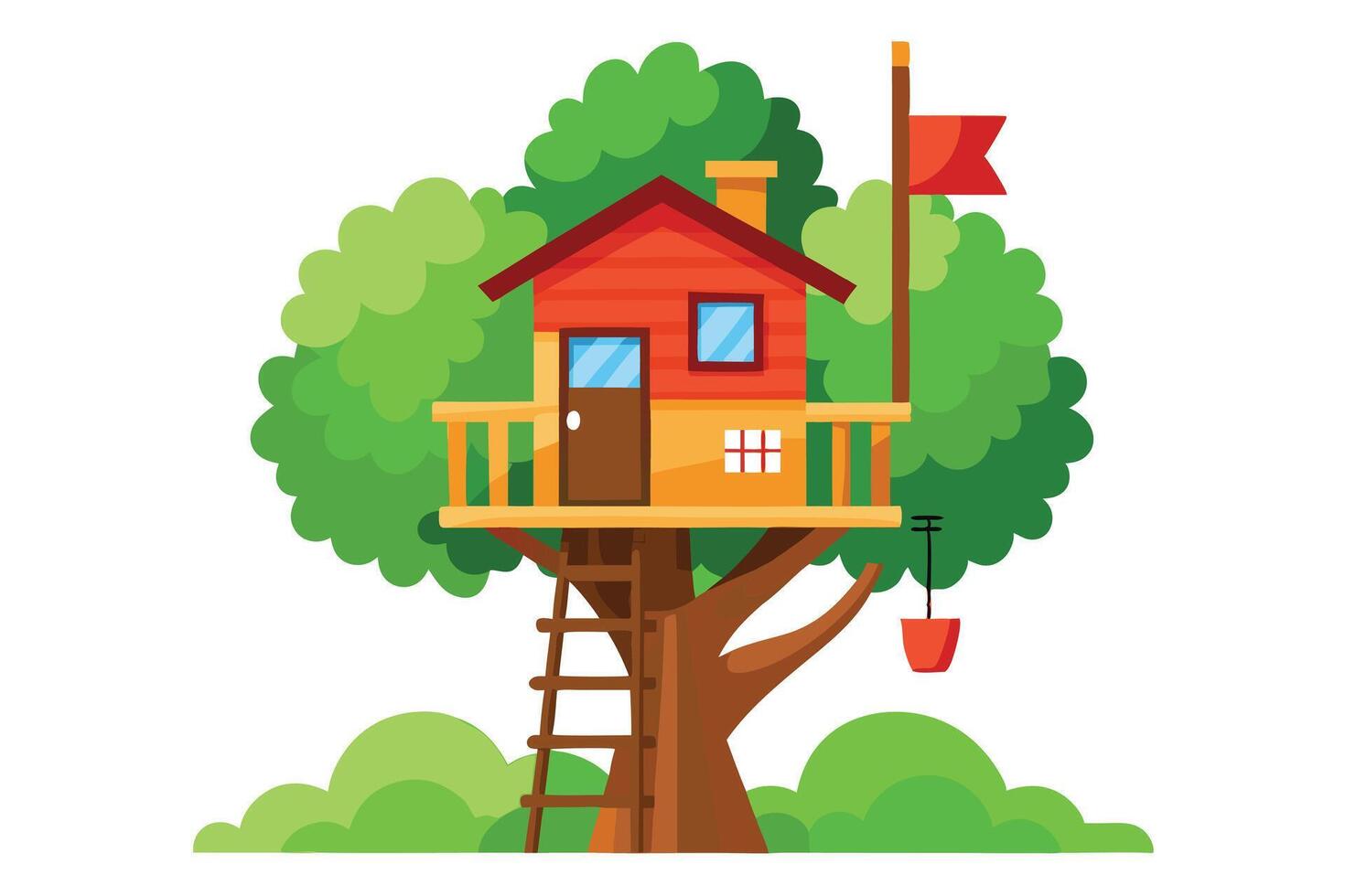 Playful Treehouse with Ladder, Red Flag, and Hanging Bucket on White Background vector