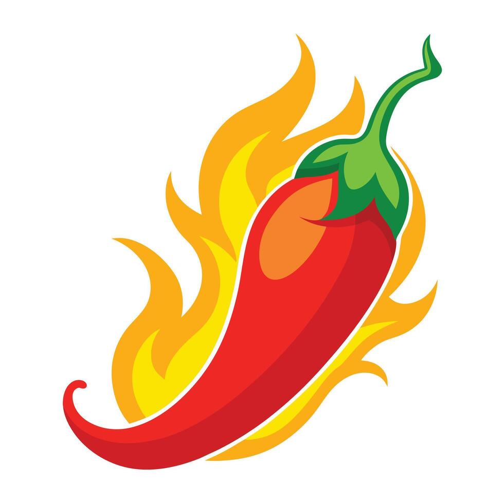 Spicy Red Chili Pepper With Green Stem and Fiery Flames on White Background vector