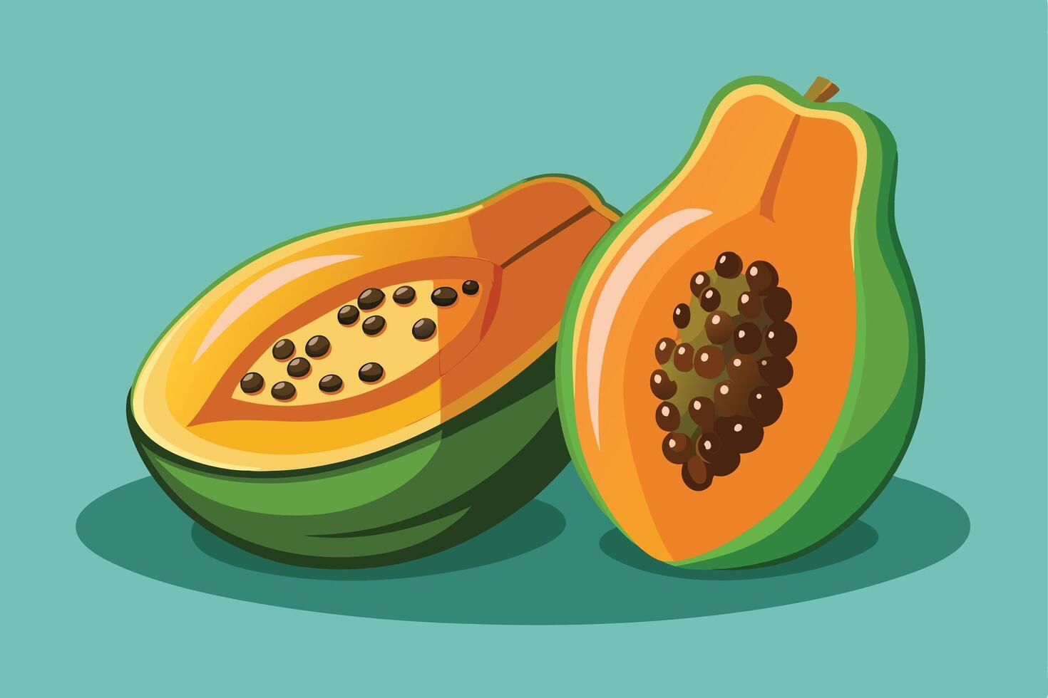 Halved Papaya Illustrations Showing Seeds and Flesh Against a Teal Background vector