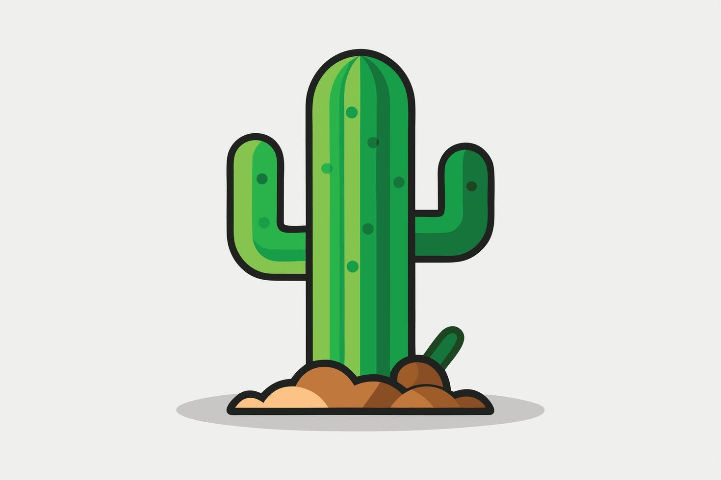 Green cactus icon, single plant with black outline, in brown dirt, minimal design vector