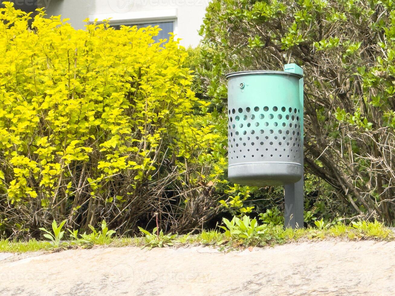 Outdoor metal trash bin in green park with bushes and yellow foliage photo