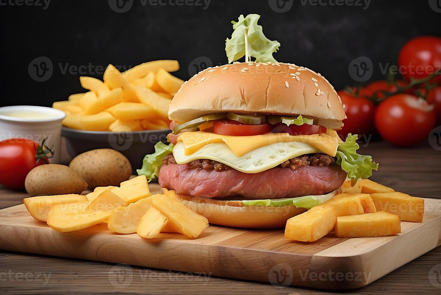 A hamburger with cheese, lettuce and tomato on a cutting board photo